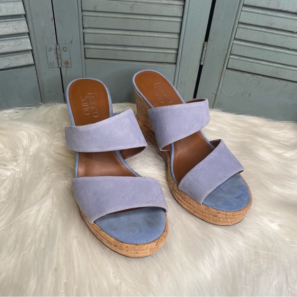 Franco Sarto Fiore Blue Platform Wedge Double Strap Suede Sandals Size 8-8.5 - Picture 2 of 8